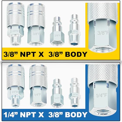 3/8 Inch Body Air Hose Quick Connect Fittings, 3/8" NPT Threads and 1/4" NPT Threads Couplers and Plugs, I/M Industrial Type 24PCS Air Compressor Accessories Kit