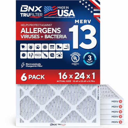 BNX TruFilter 16x24x1 Air Filter MERV 13 AC Filter, HVAC Furnace Filter, 6 Pack (ACTUAL SIZE 15.69"x23.69"x0.75") Allergies, Dust, Pet Dander & Smoke - MADE IN USA - MPR1500 / FPR 10 - size: 16x24x1 6-Pack