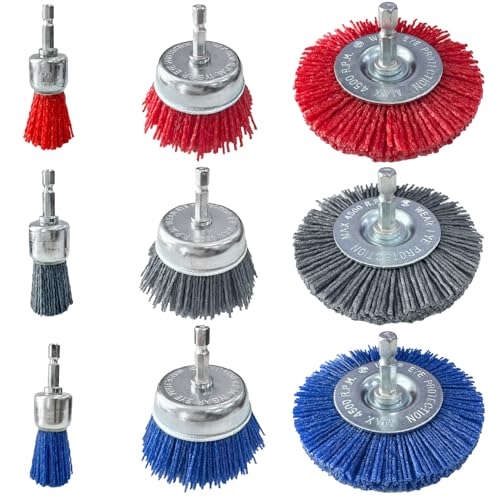 9 Pack Nylon Filament Brush for Drill, 80/100/240 Grit Nylon Drill Brush Set with 1/4" Hex Shank, Abrasive Brush Wheel and Cup Brush Set for Removal of Rust Corrosion Paint