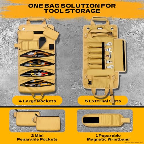 Tool Bag Roll Up Large Heavy Duty, Waterproof Oxford Fabric Tool Storage Organizer with Shoulder Strap Detachable Magnetic Wristband, Foldable Carrying Toolbag for Car Mechanic And Electrician(Khaki) - color: Khaki