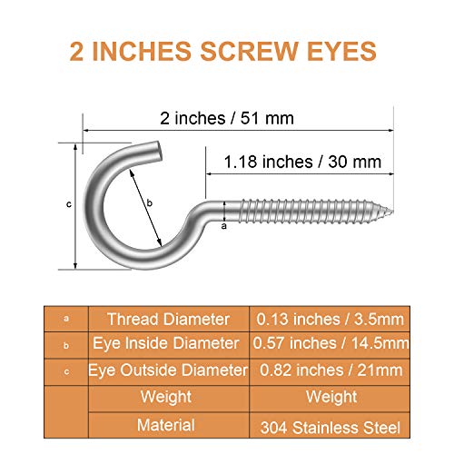 20pc 304 Stainless Steel Heavy Duty Screw Hooks, 2" Eye Bolts, Indoor/Outdoor, Wall, Wood, PVC - size: 2"X20PCS