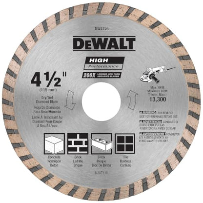 DEWALT Diamond Blade for Masonry, Dry Cutting, Continuous Rim, 7/8-Inch Arbor, 4-1/2-Inch (DW4725) - size: 1 Count (Pack of 1)