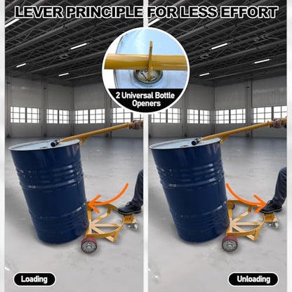 55 Gallon Drum Dolly Heavy Duty, 1200 lbs Capacity Barrel Cart with Adjustable Handle & Locking Caster, Low Profile Steel Drum Truck for Industrial, Warehouse, Workshop Use-Yellow