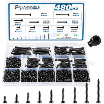 480Pcs M3 Black Metric Hex Socket Cap Head Self Tapping Screws for Plastic
