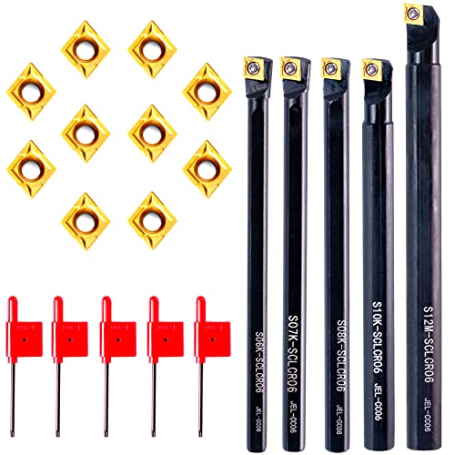 Carbide Lathe Tools -Lath Threading Bit Set 15pcs - 5pcs 1/4”~1/2" S06K/S07K/S08K/S10K/S12M-SCLCR06 Turning Holder Boring Bars / 10pcs Golden Inserts CCMT060204 - color: S06K/S07K/S08K/S10K/S12M-SCLCR06+10pcs inserts