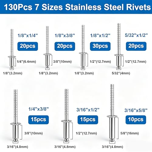 240pcs 304 Stainless Steel Rivets with Washers Assorted kit - color: 240Pcs