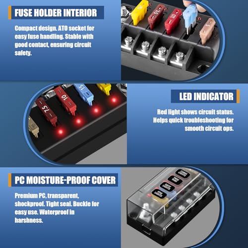 12V Fuse Block, 4 Circuits Waterproof Marine Fuse Panel Relay Box Kit with LED Indicator Damp-Proof Cover, ATO Blade Block for 12V/24V Automotive Marine Truck Car Boat RV - size: 4 Way Fuse Box