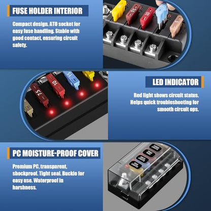 12V Fuse Block, 4 Circuits Waterproof Marine Fuse Panel Relay Box Kit with LED Indicator Damp-Proof Cover, ATO Blade Block for 12V/24V Automotive Marine Truck Car Boat RV - size: 4 Way Fuse Box