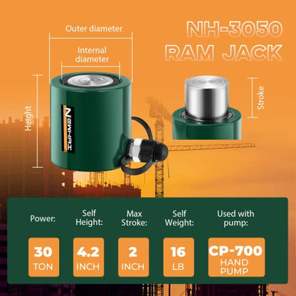 Newhai 30T Hydraulic Ram Kit & CP-700 Hand Pump, 2" Stroke Auto Retraction - style: 30 ton Jack+cp700 Pump
