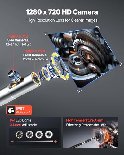 VEVOR Dual-Lens Articulating Borescope, Two-Way Articulated Endoscope Camera with Light, 5" HD IPS Spilt-Screen, 8X Zoom, 8 + 1 LEDs, IP67 Waterproof Snake Camera for Automotive Engine Wall Inspect - size: 0.32-inch Probe