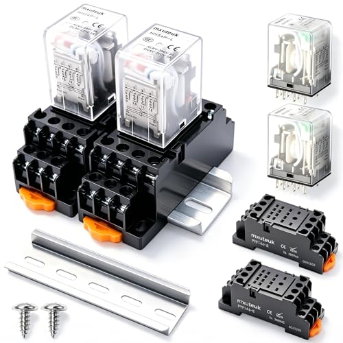 mxuteuk 2pcs HH54P DC 12V Coil 14 Pin 3A 4PDT LED Indicator Electromagnetic Power Relay, with Base, with DIN Rail Slotted Aluminum - color: Black-14Pin-3A&Base, size: DC 12V