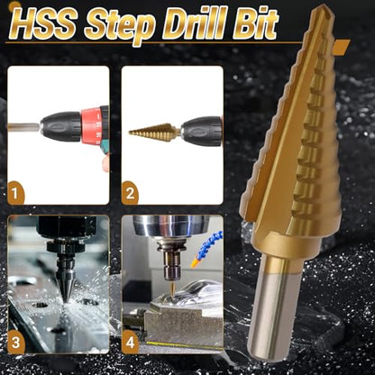 Uenhoy Titanium Step Drill Bit 3/16"-7/8" 12 Sizes HSS for Metal Plastic - size: 3/16 to 7/8 Inch