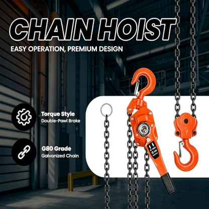6 Ton Industrial Chain Fall, Manual Lever Hoist with 10FT G80 Carbon Steel Chain, Double-Pawl Brake, Lever Chain Hoist for Unpowered Lifting