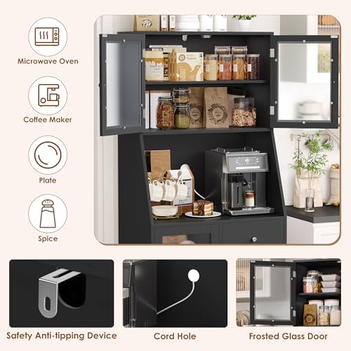 BOTLOG 64'' Kitchen Pantry Storage Cabinet, Tall Kitchen Storage Cabinet with Microwave Stand, Hutch Cabinet with Adjustable Shelves, for Dining Room, Black - color: Black