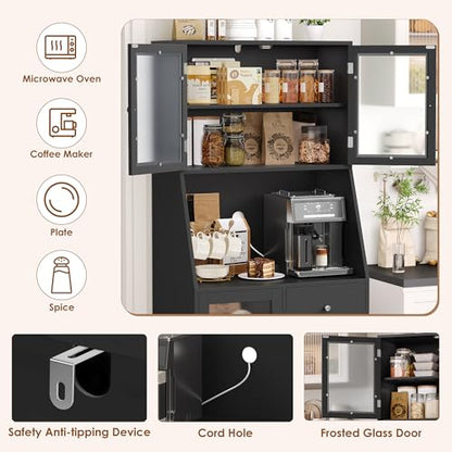 BOTLOG 64'' Kitchen Pantry Storage Cabinet, Tall Kitchen Storage Cabinet with Microwave Stand, Hutch Cabinet with Adjustable Shelves, for Dining Room, Black - color: Black