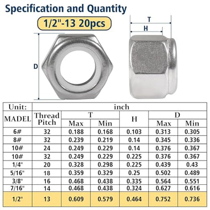 1/2-13 Lock Nut, 20Pcs Stainless Steel Nylock Insert Locking Nut - size: 1/2"-13, 20 Pack