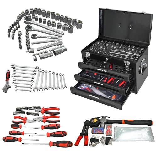 439 Piece Mechanics Tool Set, 3 Drawer 4-Tier Heavy Duty Metal Box with Household Tool Kit, Portable Tool Organizer Case for Auto Repair, Garage,Warehouse,Workshop,Repair Shop (Black) - color: Black