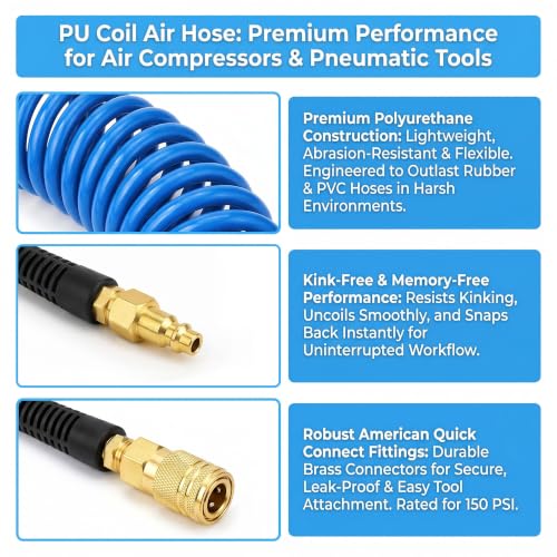 2PCS Polyurethane Recoil Air Hose, 1/4" ID by 25FT, Blue - color: Blue, size: 1/4" ID x 25FT