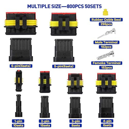 Boatsea 800Pcs Waterproof Wire Connectors,50 Kits Automotive Electrical Connectors Electrical Wire Connectors Kit 1/2/3/4/5/6 Pin Waterproof Connectors for 16-22 AWG Wires with Ratchet Crimping Tool - size: 1/2/3/4/5/6Pin 50Kits with Crimper