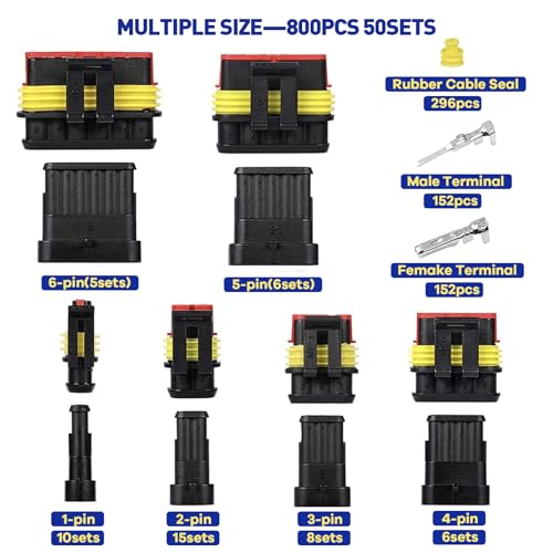 Boatsea 800Pcs Waterproof Wire Connectors,50 Kits Automotive Electrical Connectors Electrical Wire Connectors Kit 1/2/3/4/5/6 Pin Waterproof Connectors for 16-22 AWG Wires with Ratchet Crimping Tool - size: 1/2/3/4/5/6Pin 50Kits with Crimper