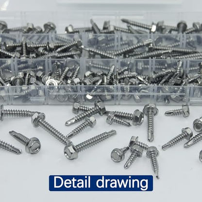 Self Tapping Screws for Metal, Sheet Metal Screws 174 Pcs Stainless Steel Self Drilling Screws #8 1/2" 3/4" #10 1" 1-1/2" Hex Head Sheet Metal Screws Assortment Kits for Metal Roofing, HVAC - size: #8/10-174Pcs