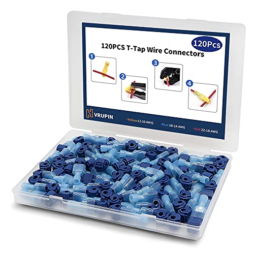 Vrupin 120 PCS T Wire Connectors - Blue 18-14AWG Waterproof Wire Taps, T Taps for Automotive, Self Stripping Quick T Splice Electrical Wire Connectors Terminals Kit - color: Blue 120