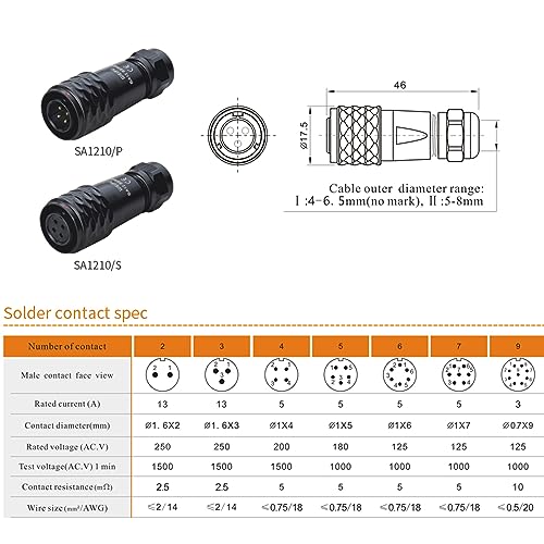 SA12 6Pin Weipu Connector Aviation Push-Pull Solder Cable Connector Plug Panel Mount Socket Female Rear-nut Mount for LED Light Equipment Electrical - size: 6Pin 5A