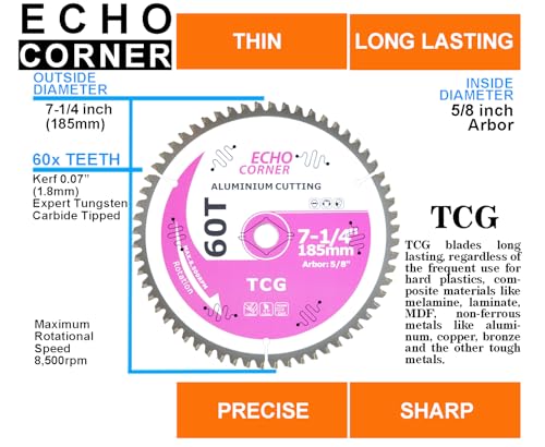 7-1/4 Inch Aluminum Cutting Circular Saw Blade, TCG 48T, 5/8 Inch Arbor - style: Aluminum-Non Ferrous
