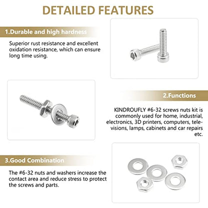 252 Pieces #6-32 x 3/16", 1/4", 5/16", 3/8", 1/2", 5/8", 3/4", 1", Hex Socket Head Cap Screws Nuts Washers Assortment Kit, 304 Stainless Steel, Fully Machine Thread - size: #6-32, style: Socket Head