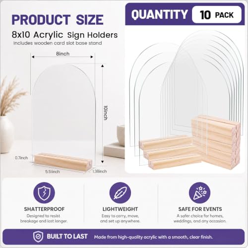 Bercoor 10 Pack 8x10 Inch Blank Clear Arch Acrylic Sign with Wooden Stands, Arched Round Top Acrylic Sheet, Arch Table Numbers for DIY Name Card Gifts Event Party Sign Decoration - size: 8x10 arched