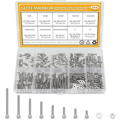 254 Pieces #2-56 x 3/16", 1/4", 5/16", 3/8", 1/2", 5/8", 3/4", 1", Hex Socket Head Cap Screws Nuts Washers Assortment Kit - size: #2-56, style: Socket Head
