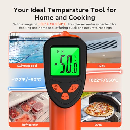 12:1 Infrared Thermometer Temperature Gun, Non-Contact Digital Laser IR Temp Gun (-58°F to 1022°F / -50°C to 550°C), for Cooking, Pizza Ovens, BBQ, Grilling, and Reptiles