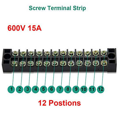 Terminal Block, 12 Circuits 600V 15A Dual Row Screw Terminal Strip, 5 Sets