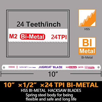 JUGREAT 10" Hacksaw Blades Replacement Bi-Metal Safe Flex, High Speed Steel - 24TPI (10 Pack) - size: 10"×24TPI 10PACK