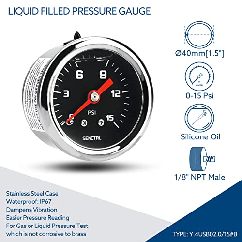 SENCTRL 0-15 Psi Fuel Pressure Gauge, 1/8" NPT Back Mount, Black Dial - size: 0-15 Psi, style: Back Mount(Black dial)