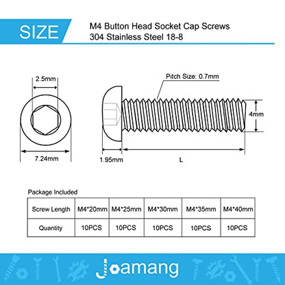 M4 x 20mm 25mm 30mm 35mm 40mm Button Head Socket Cap Screws Bolts, Stainless Steel 304, Metric Allen Hex Drive, Bright Finish, Fully Threaded, Assortment Kit 50PCS - size: Button M4x20-40 mm