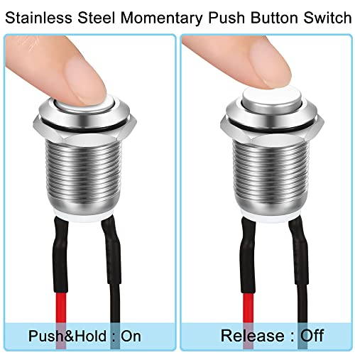 Gebildet 5pcs 12mm 2A 12V/24V/125V/250V AC Prewired Waterproof Push Button Momentary Stainless Steel Push Button On Off (High Head) - color: SS-Momentary(High head)