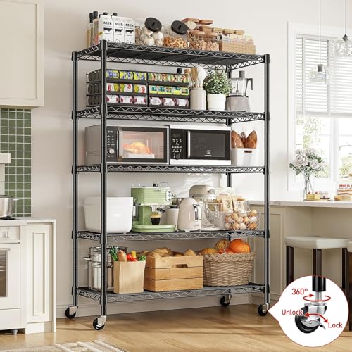 REIBII 5-Tier Storage Shelves 1660LBS Wire Shelving Unit with Wheels - color: Black, size: 73"H x 35"W x 15"D 5 Tier