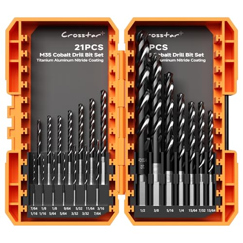 Crosstar M35 Cobalt Drill Bit Set,Three-Flute Design,1/16"-1/2",21pcs - size: 21pcs set