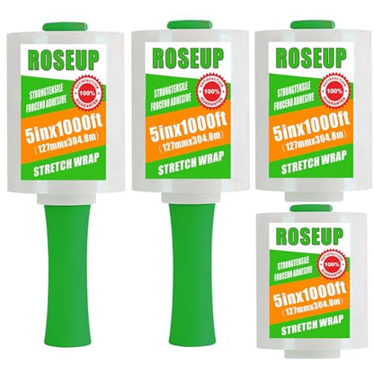 Clear Stretch Wrap Film 5" x 1000ft Roll with Handle, 80 Gauge Thick Cling Plastic Wrap for Moving, Pallet Wrap, Self Adhering Packaging Heavy Duty Shrink Film, 4 Pack