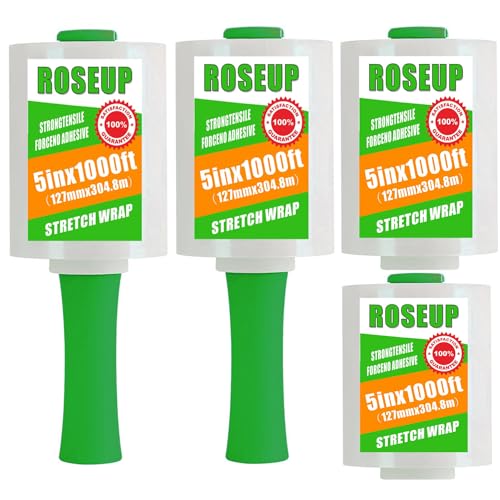 Clear Stretch Wrap Film 5" x 1000ft Roll with Handle, 80 Gauge Thick Cling Plastic Wrap for Moving, Pallet Wrap, Self Adhering Packaging Heavy Duty Shrink Film, 4 Pack