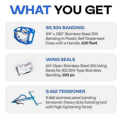 IDL Packaging 3/4" Stainless Steel 304 Banding Kit – Heavy-Duty Banding Tool + 3/4" x 0.02" x 100' Stainless Steel 304 Banding Coil + 100 Stainless Steel Wing Seals - size: 3/4" x 0.02" x 100', style: SS 304 + Seals