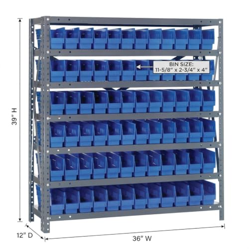 Quantum Storage Systems 1239-100BL Steel Shelving Unit with 4" Shelf Bins, 12" D x 36" W x 39" H, Blue - size: 39" H x 36" W x 12" D, style: 12" L x 3" W x 4" H 72 Economy Blue Bins