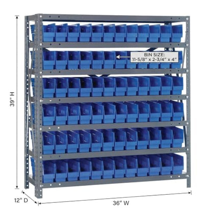 Quantum Storage Systems 1239-100BL Steel Shelving Unit with 4" Shelf Bins, 12" D x 36" W x 39" H, Blue - size: 39" H x 36" W x 12" D, style: 12" L x 3" W x 4" H 72 Economy Blue Bins