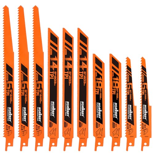 HORUSDY 10-Piece Reciprocating Saw Blades Set with Storage Case, 6" 8" & 9" Wood & Metal Cutting Blades, Bi-Metal and High Carbon Steel Saw Blades for Fast, Clean, and Durable Cutting - style: 10-Pc 6", 8", 9" Bi-Metal Mix