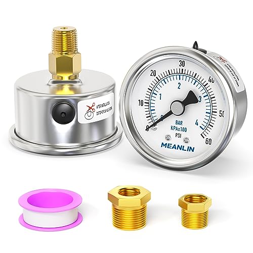 MEANLIN MEASURE 0~60Psi Dry Pressure Gauge Stainless Steel 1/4"NPT 2"FACE DIAL Waterproof for Pool Filter Pump Water Air Compressor Tire Pressure Tester Back Mount with 1/2"NPT and 3/8"NPT Hex Bushing - size: 0-60Psi