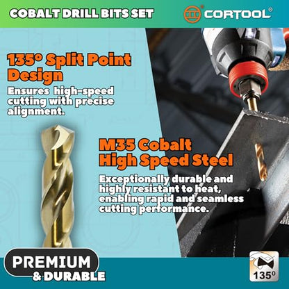 Cobalt Drill Bit Set, 15pcs Twist Jobber Length Drill Bit Kit for Hardened Metal, Cast Iron, Stainless Steel, Plastic and Wood, with Indexed Storage Case 1/16"-3/8", M35 HSS, 135 Degree Tip