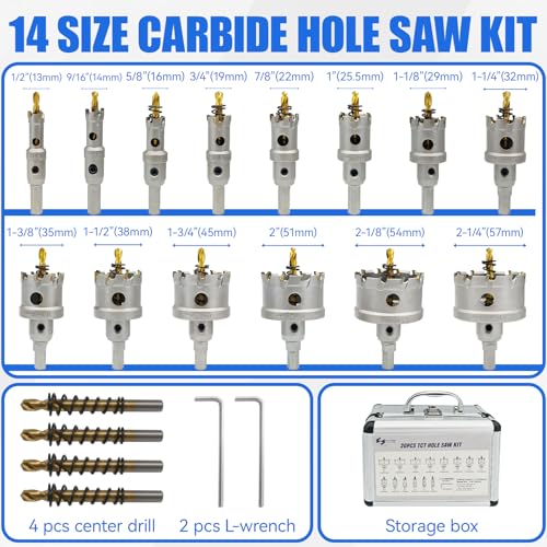 20pcs TCT Carbide Hole Saw Hole Cutter Set 1/2" to 2-1/4"