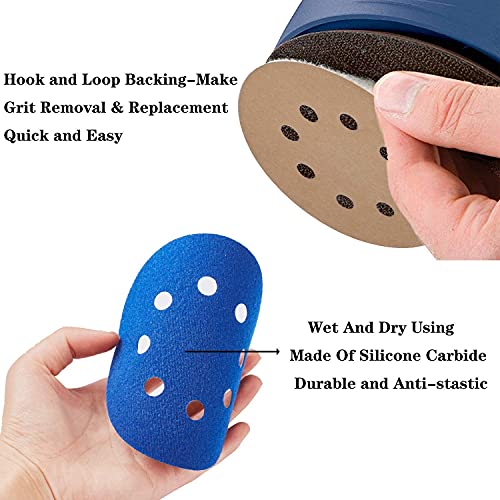 50pcs Sandpaper 8 Hole 5 inch Sanding Discs Hook and Loop 60/180/240/400/800/1200/2500/4000/7000/10000 Grits with Hand Sander for Automotive Metal Polishing