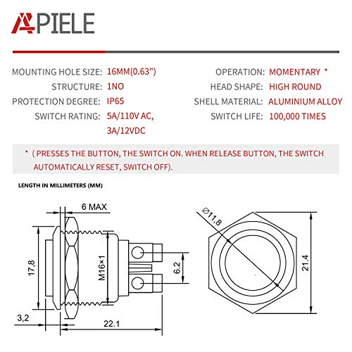 APIELE 16MM Momentary Push Button Switch 16mm Momentary Push Button Switch High Round Cap Waterproof Aluminum Shell High Flush Screw Terminals 250V AC 5A 12V 36V DC 2A 1NO SPST (5pcs Red) - color: 5 PCS Red, size: 16mm